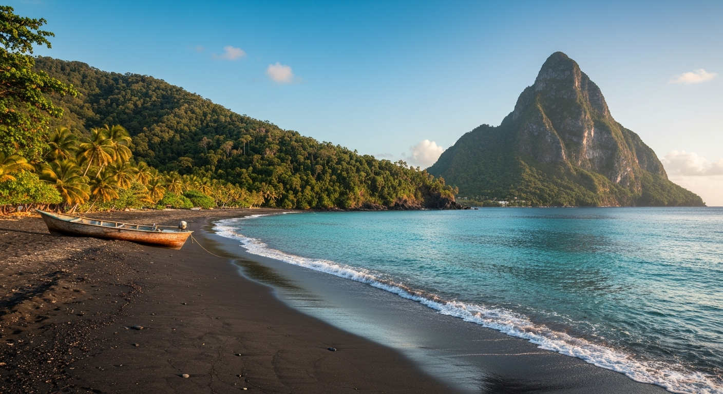 Anse Chastanet beach in Soufrière with dark volcanic sand meeting turquoise Caribbean water and the Petit Piton silhouette on the right