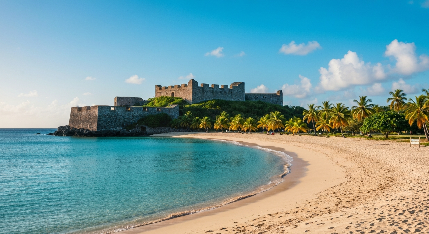 Pigeon Island beach and calm turquoise water on St Lucia's northern coast, a good cruise-day option from Castries