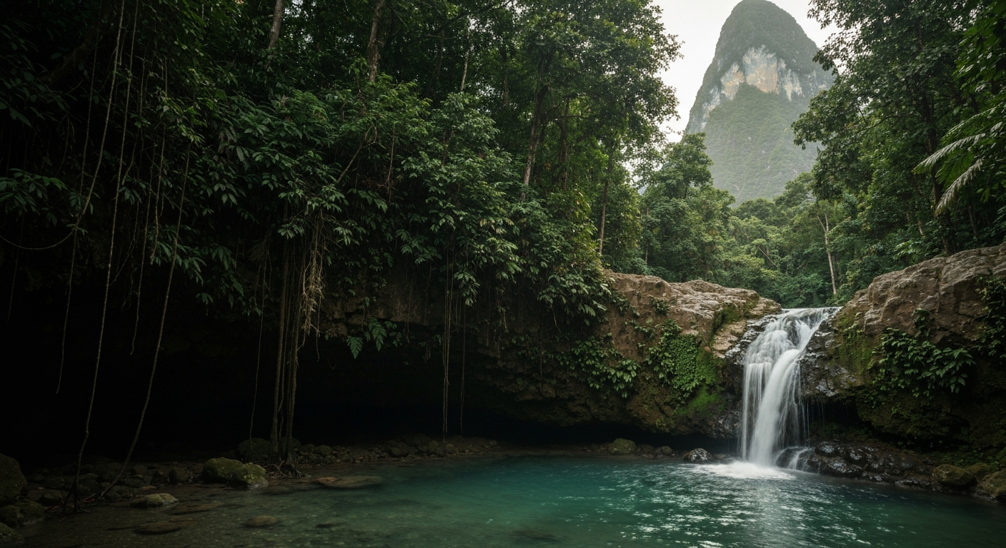 Diamond Botanical Gardens waterfall in Soufrière, rainforest canopy overhead, cold spring water pool below