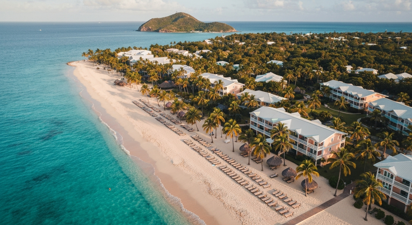 Aerial of a St Lucia resort peninsula fringed by white sand and turquoise Caribbean shallows, palm groves and low-rise buildings, editorial travel photography
